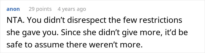 Reddit comment by anon: NTA. User respected restrictions. Related to a discussion about Transition Her Son Into Vegan.
