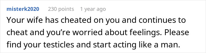 A comment from 'misterk2020' advises a man to ignore his gut feeling and confront his wife about her coworker.