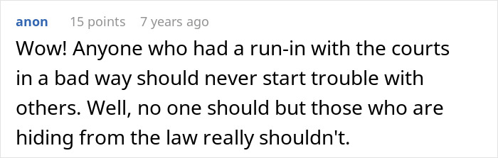 Screenshot of online comment warning about consequences of run-ins with the courts involving a criminal and cheater.