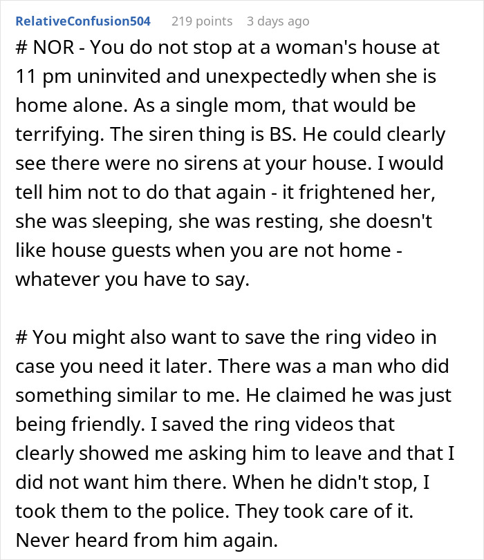 A Reddit comment about a friend visiting a woman alone, with hubs noticing strange behavior on camera. It discusses safety concerns and saving video evidence.