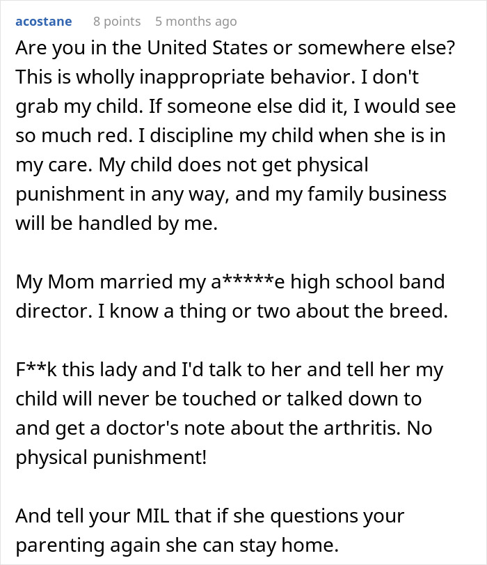 Comment criticizing teacher grabs kids in front of mom, condemning physical punishment and defending parenting choices.