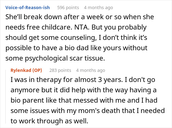 Text conversation about a pregnant woman confronting her ex&rsquo;s teen son to help raise her baby and his refusal.