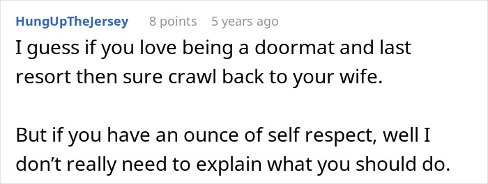 A Reddit comment about a woman blaming her husband for her affair, discussing marriage and divorce decisions.