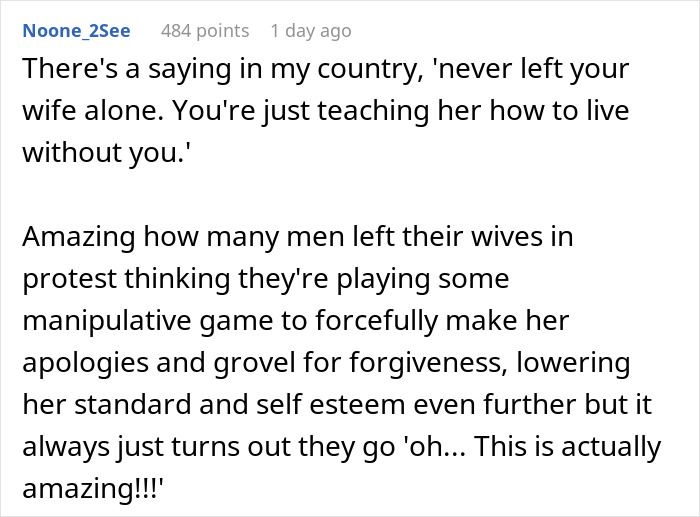 A Reddit comment discussing the irony of men leaving wives, thinking they manipulate them but instead teach independence. Quitting marriage.