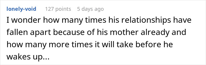 Comment from lonely-void about relationships falling apart due to possessive BF's mom at birthday party.