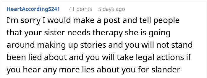 Comment expressing apology and advising legal action over being falsely accused of sleeping with sister&rsquo;s fianc&eacute; by coincidence.