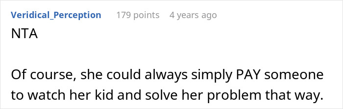 A Reddit comment by Veridical_Perception, saying NTA and suggesting paying for childcare, relating to trying to transition son vegan.