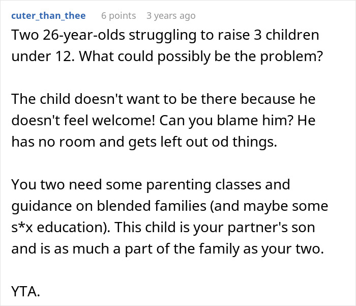 Comment discussing struggles in blended families where a woman excludes stepson from family vacation to avoid discomfort.