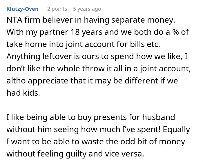 Reddit comment about splitting finances with a partner, discussing separate money and shared bills.
