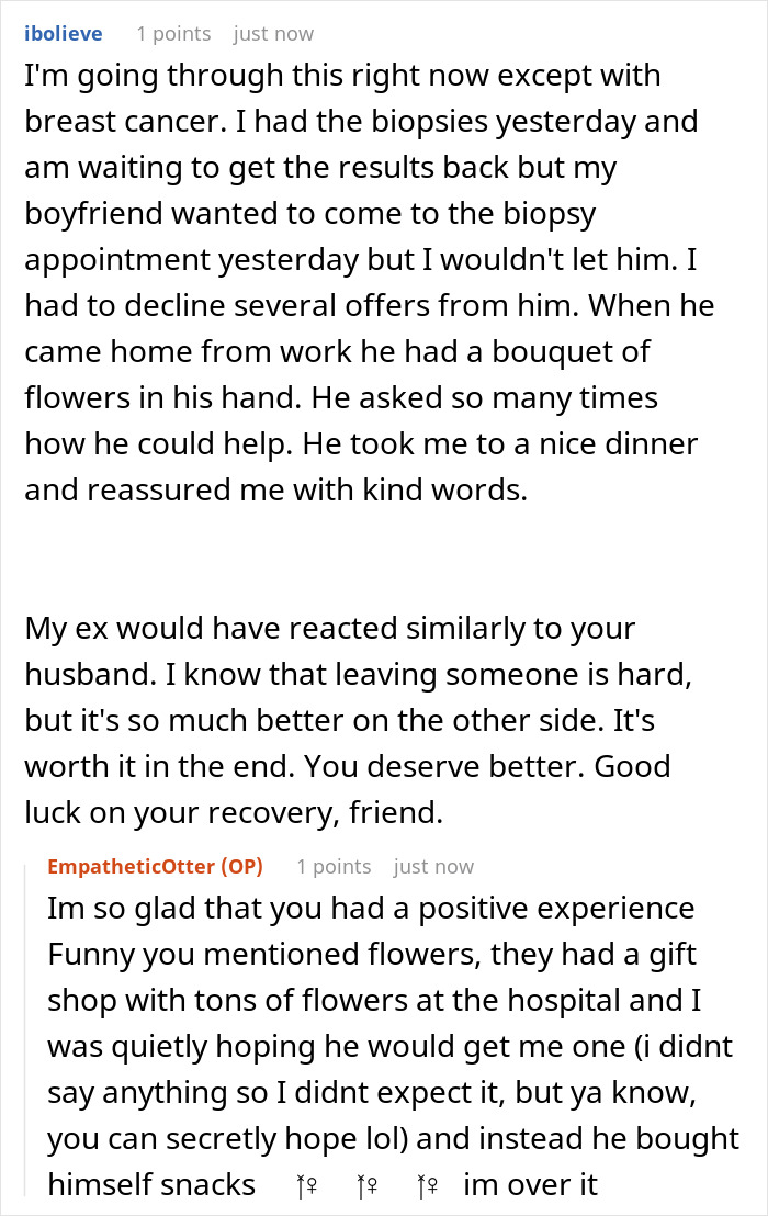 Screenshots of Reddit comments show women discussing how partners handle cancer. One recounts a loving boyfriend, contrasting a husband's reaction to a cervical cancer diagnosis.