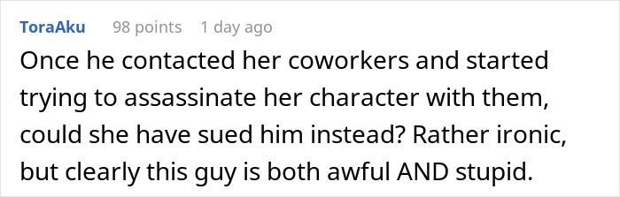 Comment text discussing a woman using comedy to cope with trauma while her ex-boyfriend stalks her to stop it.