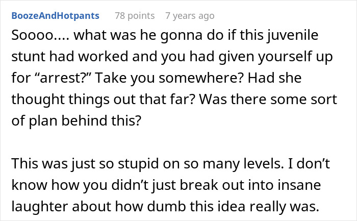 Screenshot of a Reddit comment discussing a failed juvenile stunt involving a fake arrest and police deception.