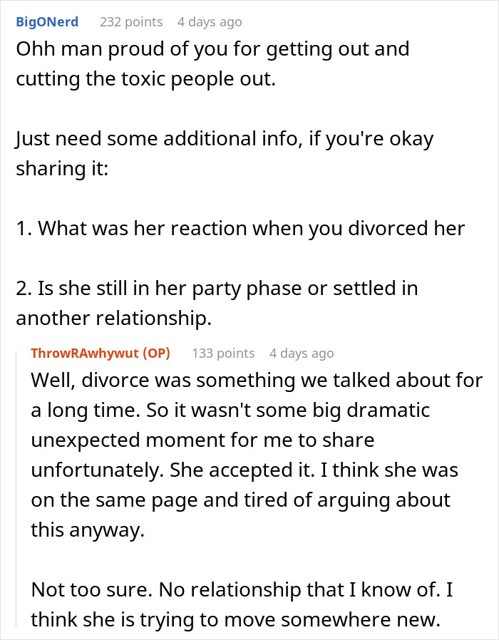 A Reddit post shows comments and replies discussing a man's gut feeling about his wife and male coworker, asking about divorce details.
