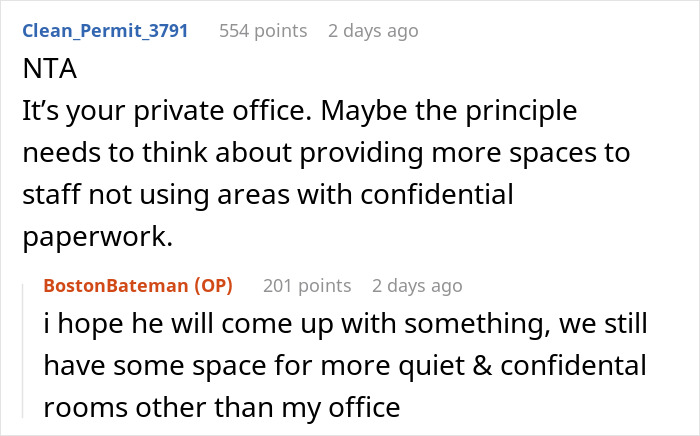 A Reddit thread discussing locking school office staff kept using. The top comment says NTA and advises the principal to provide more spaces.