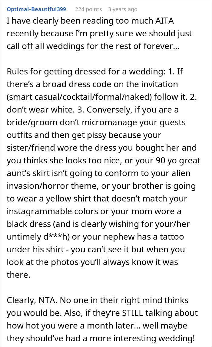 A Reddit post discussing wedding dress code rules and guest micromanagement, relevant to a groom's bride picking a dress.
