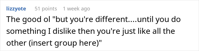 Screenshot of a Reddit comment discussing prejudiced thinking, like when a GF says a racist thing then categorizes others.
