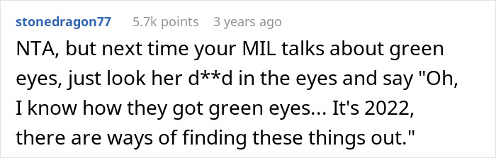 A Reddit comment advises confronting MIL about dark secret of daughter's paternity, hinting at DNA test results.