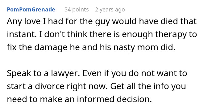 A Reddit comment advises seeking legal counsel for a family ruined by a man's negative feelings toward his donor baby.