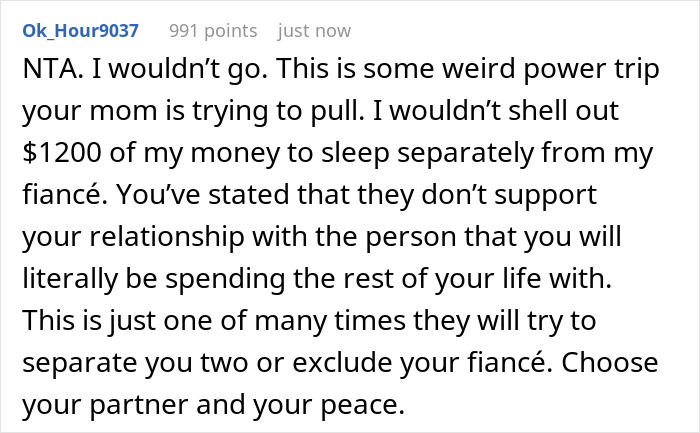 Comment on woman facing dilemma after mother controls sleeping arrangement with fianc&eacute;, urging to choose partner and peace.