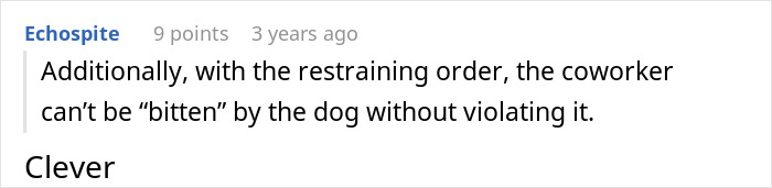 Comment discussing coworker and restraining order related to using ex's dog for revenge in an online forum.