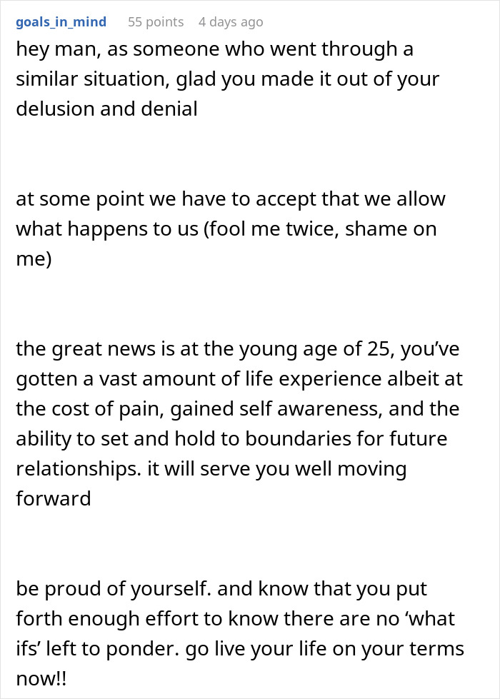 Text from goals_in_mind giving advice on moving past delusion and denial, relevant to a man's gut feeling about his wife.