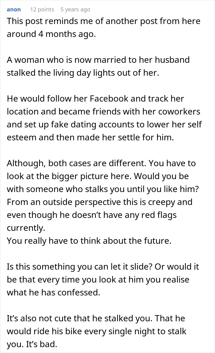 Text post discussing a man&rsquo;s creepy stalking confession and its impact on his girlfriend&rsquo;s relationship trust.