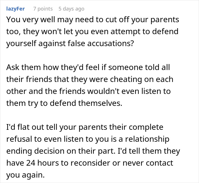 Comment advising cutting off parents who refuse to listen to a woman accused of sleeping with sister&rsquo;s fianc&eacute;.