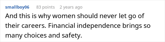A comment advocating for women's financial independence, possibly related to a donor baby scenario and family conflict.