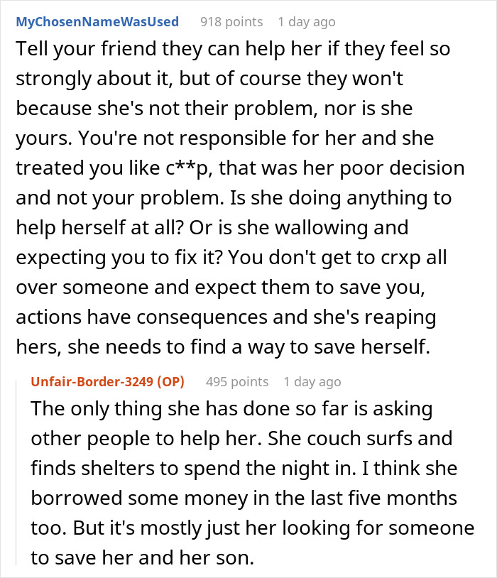 A Reddit post discussing a dad refusing to play savior for a homeless ex and her child. His past choices aren't his burden.