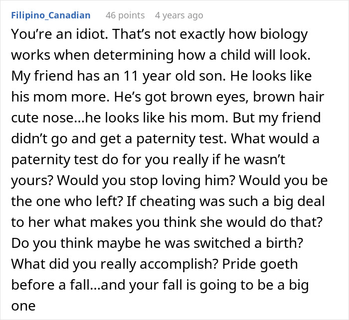 A Reddit comment titled Filipino_Canadian, discussing a man who demanded a paternity test and lost his family.