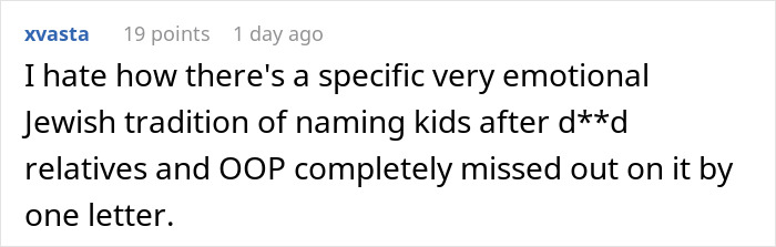 A Reddit comment about a Jewish tradition of naming kids after relatives, related to controlling MIL baby name issues.