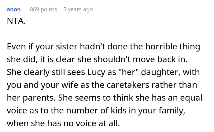 Comment discussing a woman making her sister adopt her kid and trying to control the number of children in the family.