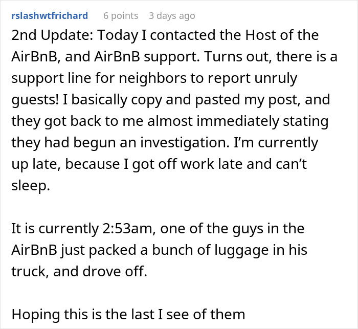 Text from a Reddit update describing how a woman dealt with entitled guests who took her parking spot by trapping their car.