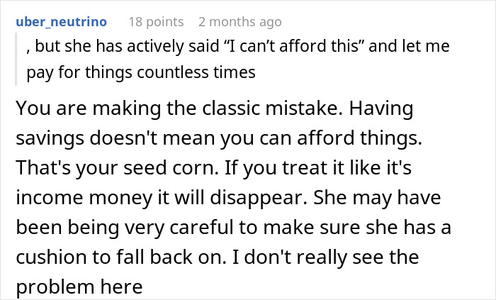 Comment discussing a man upset his girlfriend pretended to be broke for years while having significant savings.