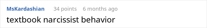 A Reddit comment from MsKardashian stating "textbook narcissist behavior," relating to the entitlement of a wedding guest.