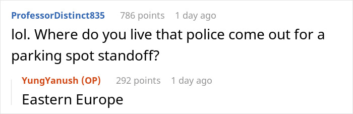 Screenshot of an online discussion about a police response to a parking spot fight involving an old lady.