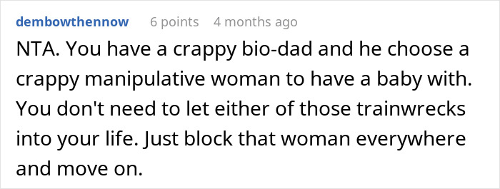Comment discussing a pregnant woman pressuring ex&rsquo;s teen son to help raise her baby and his refusal reaction.