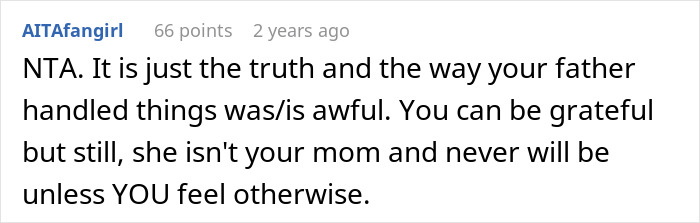 A Reddit comment stating a stepparent isn't a replacement mom, related to a teen's feelings about his stepmom.