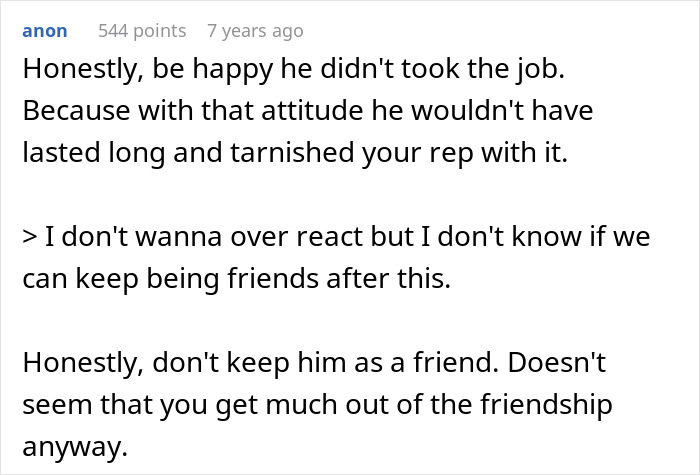 Commenter discusses attitude toward friend working as a server, suggesting friendship may not last due to judgment and disrespect. Commenter discusses attitude toward friend working as a server, suggesting friendship may not last due to judgment and disrespect.