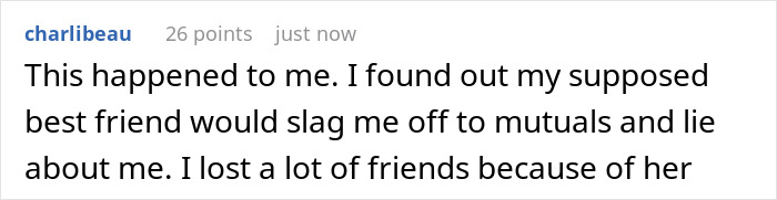 A Reddit comment from charlibeau detailing how a toxic bestie ruined their love life by spreading lies.