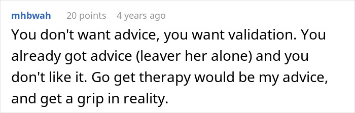 Reddit comment suggesting therapy instead of validation for the paternity test man who lost his family.