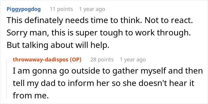 A screenshot of Reddit comments about a man's wife and dad confessing, discussing the double betrayal.