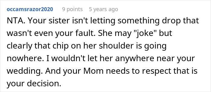 Comment about woman worried her sister might sabotage her wedding due to a past incident, considering uninviting her.