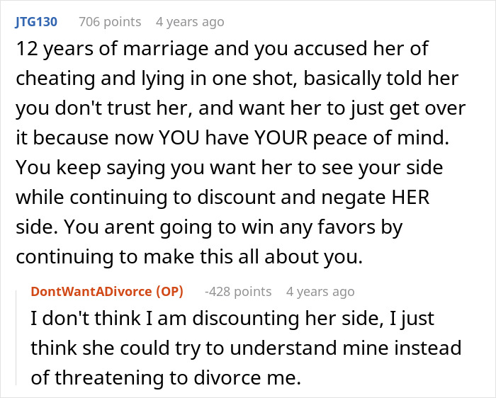 A Reddit conversation on a paternity test demand, showing a man losing his whole family. Text discusses marriage issues.