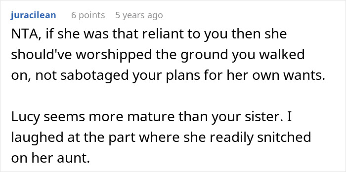 Comment discussing a woman&rsquo;s sister adopting her kid and preventing her from having more, with judgment on maturity.