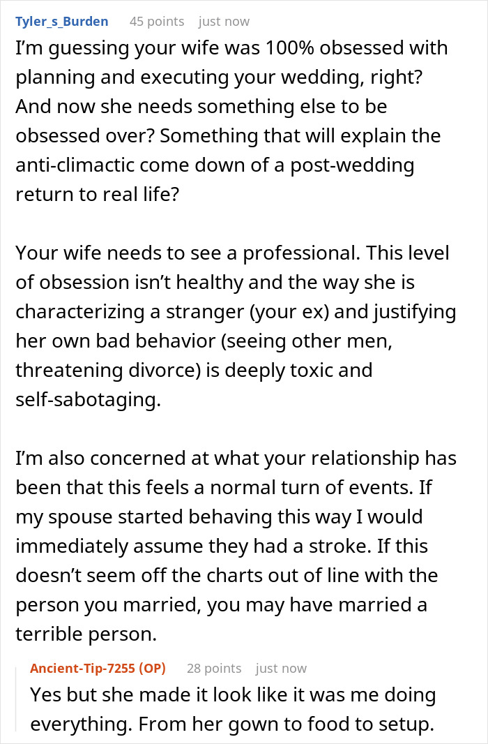 Screenshot of an online discussion about a man struggling with his wife's obsession over his low-class ex causing divorce.