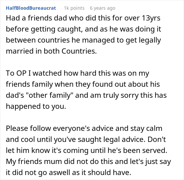 A Reddit comment from HalfBloodBureaucrat, advising on how a woman can find her husband's secret wife.