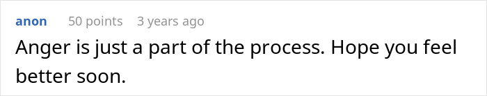 A comment from 'anon' saying, Anger is just a part of the process. Hope you feel better soon. Discussing the affair.