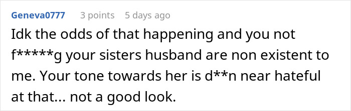 Comment discussing disbelief and criticism regarding a woman accused of sleeping with her sister&rsquo;s fianc&eacute;.