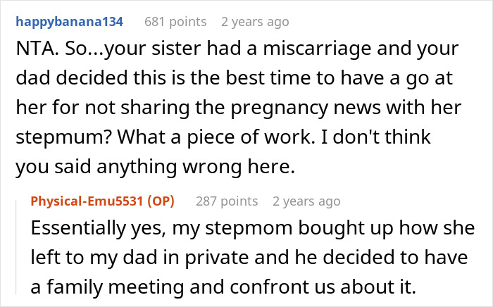 A Reddit discussion about family conflict. The main post supports the teen against their dad pushing them to like their new stepmom.